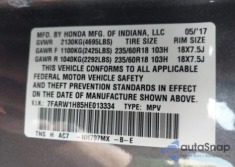 2017 Honda Cr-V Ex-L/Ex-L Navi from USA, damaged, VIN 7FARW1H85HE013334